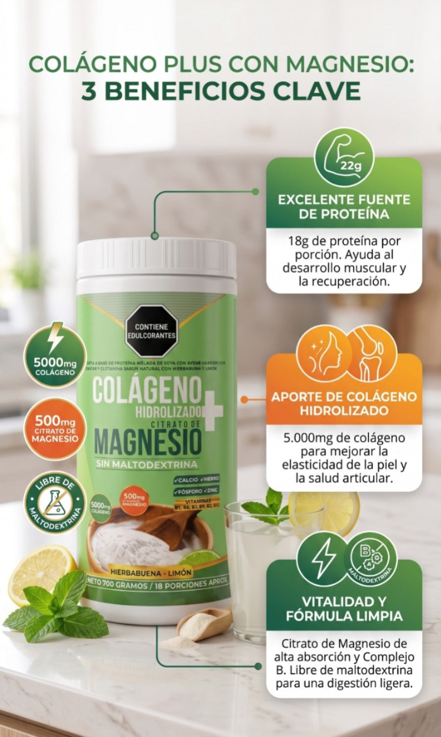 COLAGENO HIDROLIZADO MAGNESIO Y TE MATCHA X 700 g