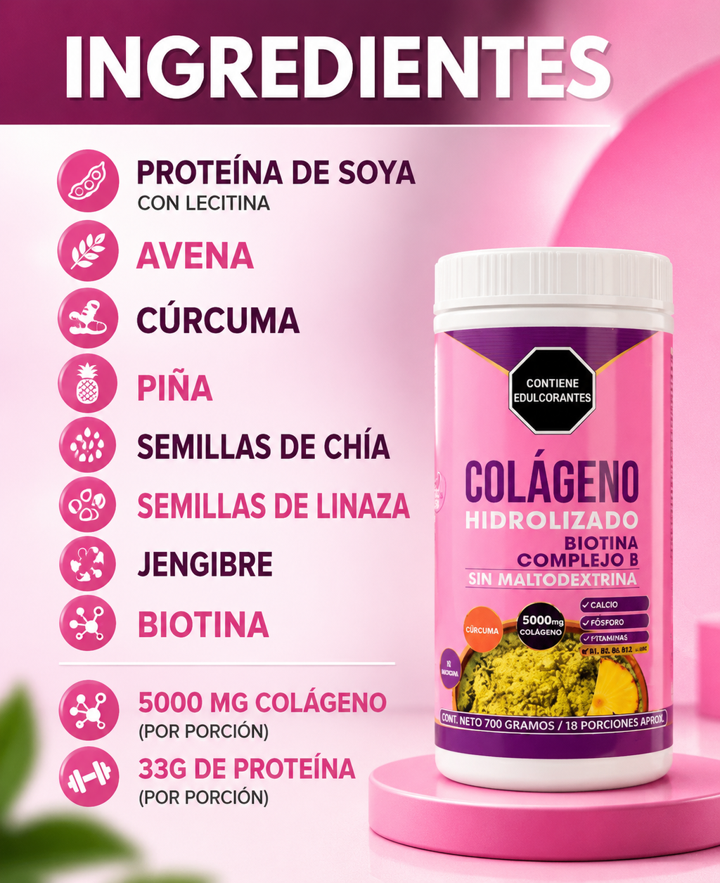 COLAGENO HIDROLIZADO ROSA CURCUMA Y BIOTINA X 700 g