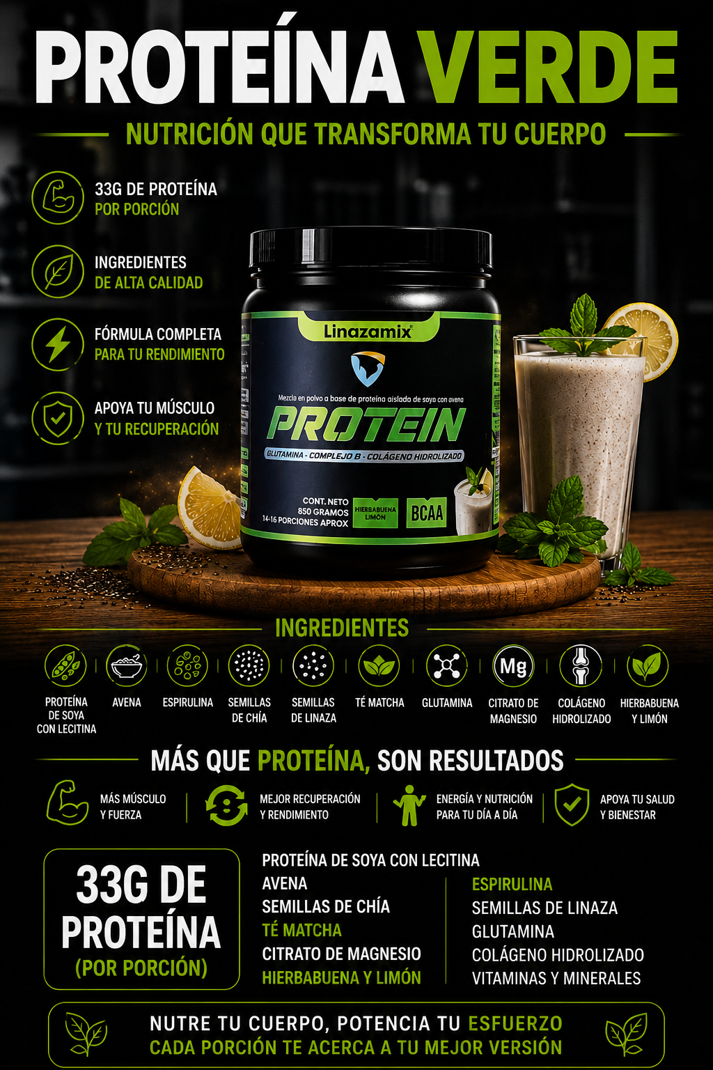 PROTEINA VERDE HIERBABUENA LIMON X 850 g